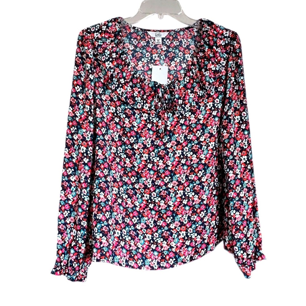 Croft & Barrow Petite PXL Ditsy Floral Ruffle Tie Front Blouse Navy Pink New NWT